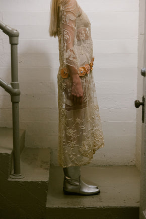 1920s filet lace net rossette dress