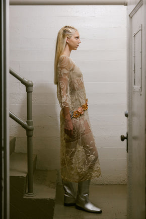 1920s filet lace net rossette dress