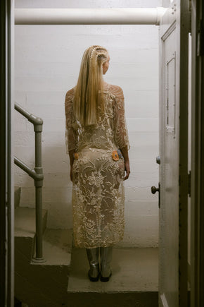 1920s filet lace net rossette dress
