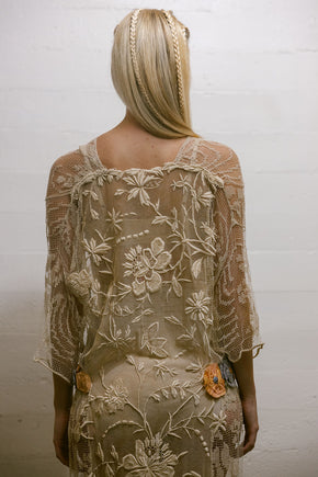 1920s filet lace net rossette dress