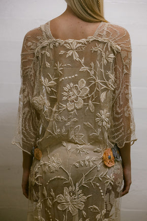 1920s filet lace net rossette dress