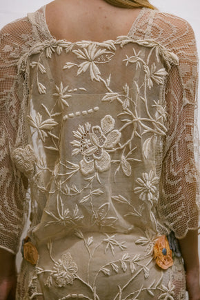 1920s filet lace net rossette dress