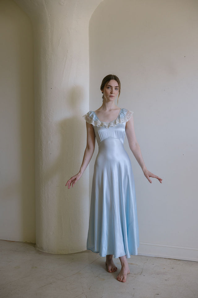 1930s Italy blue silk satin lace trimmed gown