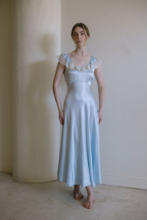 1930s Italy blue silk satin lace trimmed gown