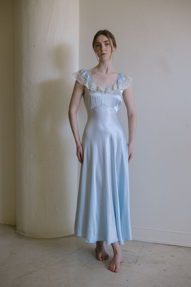 1930s Italy blue silk satin lace trimmed gown