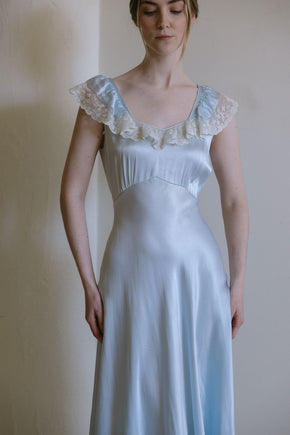 1930s Italy blue silk satin lace trimmed gown