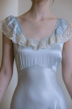 1930s Italy blue silk satin lace trimmed gown