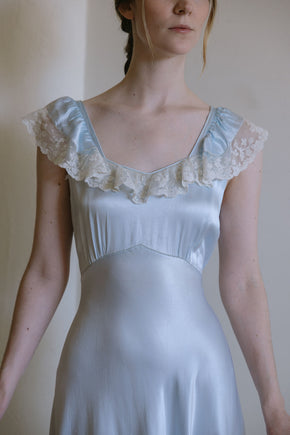 1930s Italy blue silk satin lace trimmed gown