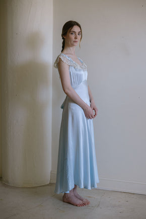 1930s Italy blue silk satin lace trimmed gown