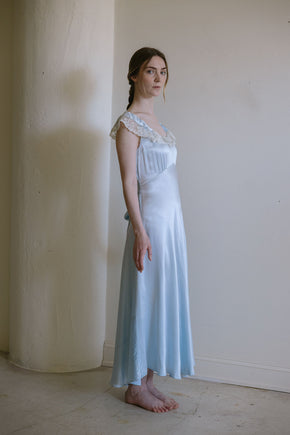 1930s Italy blue silk satin lace trimmed gown