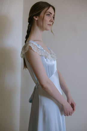 1930s Italy blue silk satin lace trimmed gown