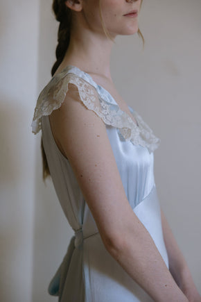 1930s Italy blue silk satin lace trimmed gown