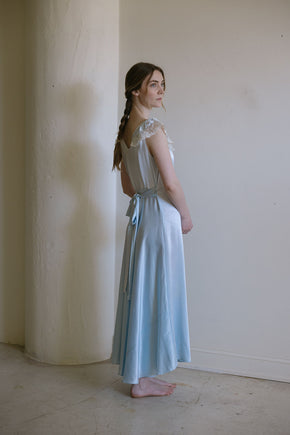 1930s Italy blue silk satin lace trimmed gown