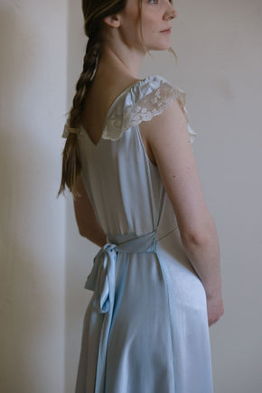 1930s Italy blue silk satin lace trimmed gown