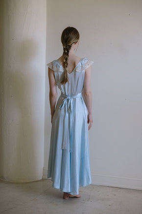 1930s Italy blue silk satin lace trimmed gown