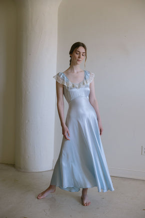 1930s Italy blue silk satin lace trimmed gown