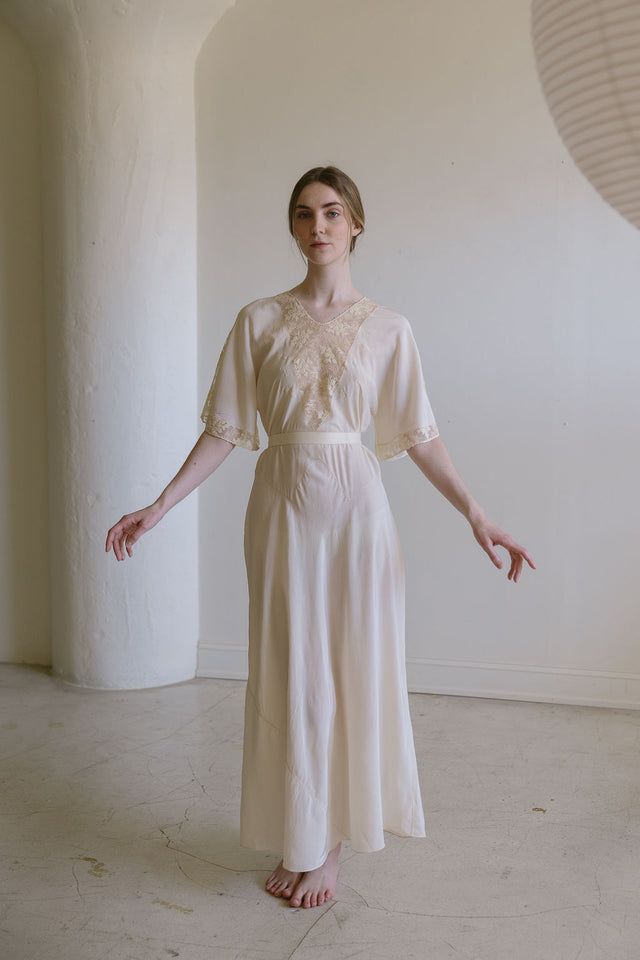 1930s French cream silk lace gown