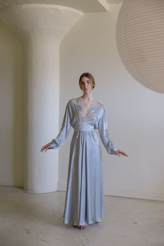 1930s italian blue long sleeve silk lace gown