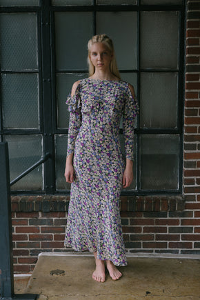 1930s floral print silk crepe cold shoulder dress