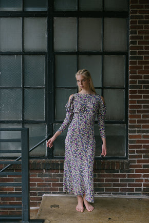 1930s floral print silk crepe cold shoulder dress