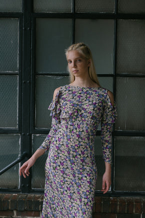 1930s floral print silk crepe cold shoulder dress