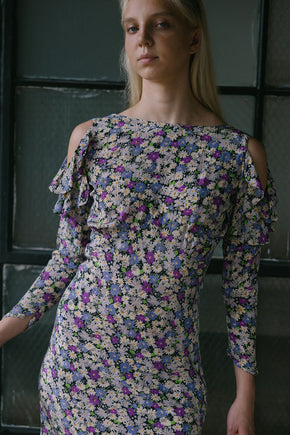 1930s floral print silk crepe cold shoulder dress