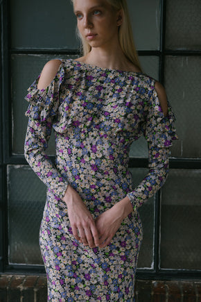 1930s floral print silk crepe cold shoulder dress
