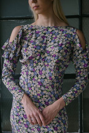 1930s floral print silk crepe cold shoulder dress