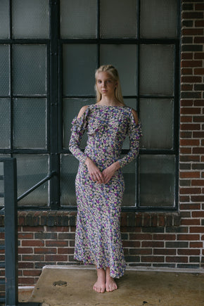1930s floral print silk crepe cold shoulder dress