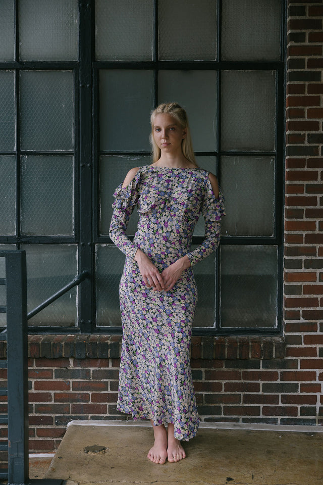 1930s floral print silk crepe cold shoulder dress