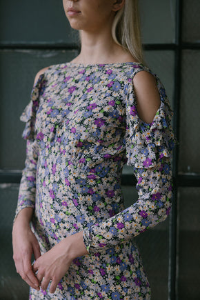 1930s floral print silk crepe cold shoulder dress