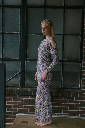 1930s floral print silk crepe cold shoulder dress