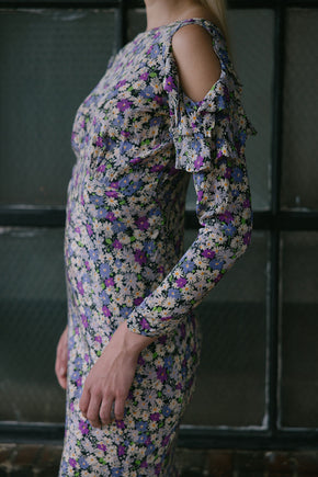 1930s floral print silk crepe cold shoulder dress
