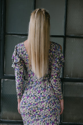 1930s floral print silk crepe cold shoulder dress