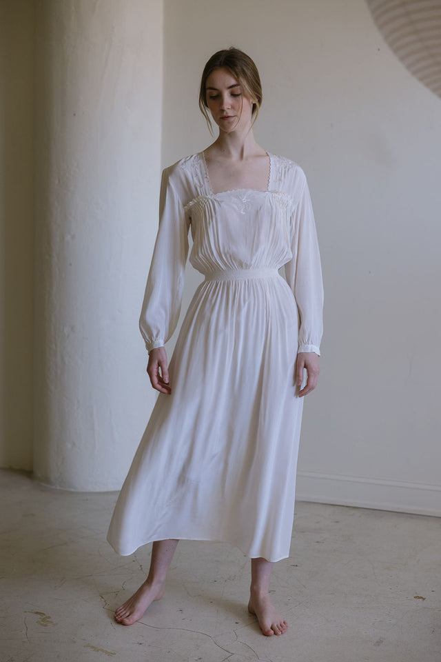 1930s French ivory smocked floral silk nightgown