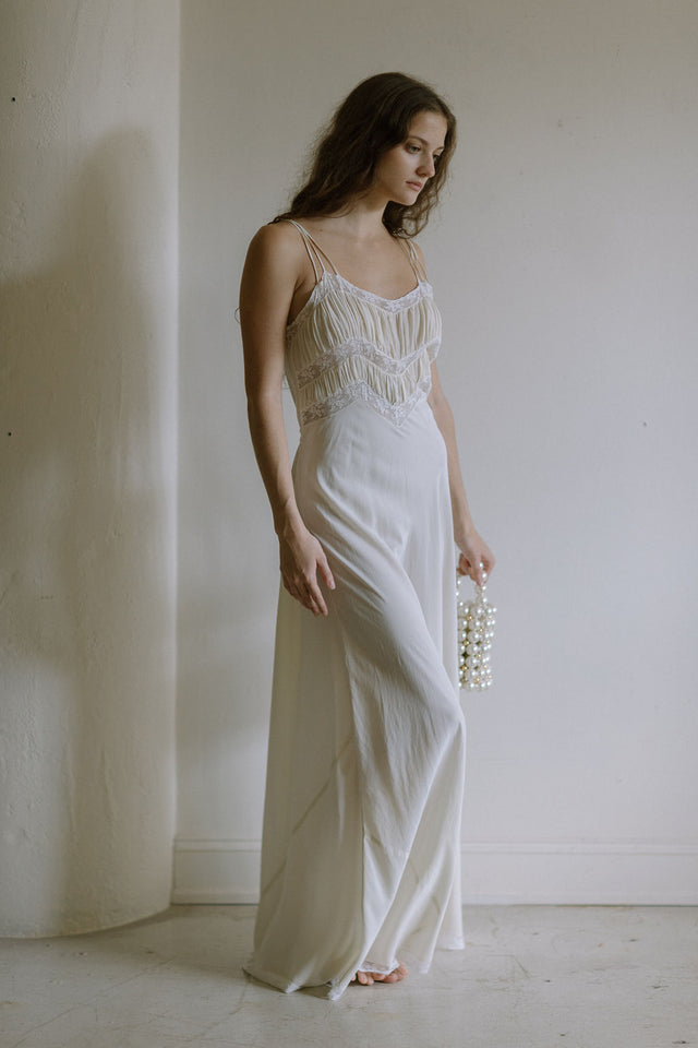 1930s French silk lace bias cut gown