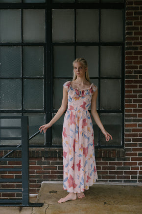 1940s hibsicus print chiffon ruffled gown