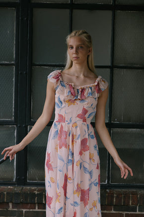 1940s hibsicus print chiffon ruffled gown
