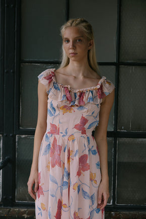 1940s hibsicus print chiffon ruffled gown