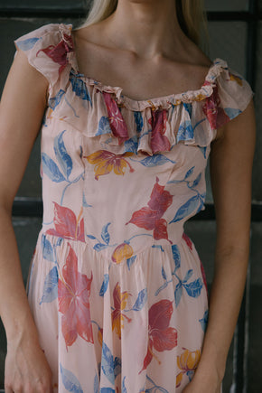 1940s hibsicus print chiffon ruffled gown