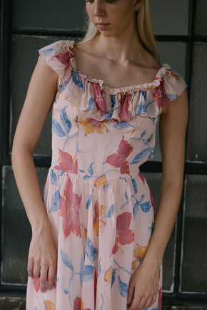 1940s hibsicus print chiffon ruffled gown