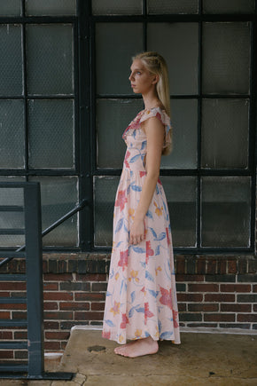 1940s hibsicus print chiffon ruffled gown