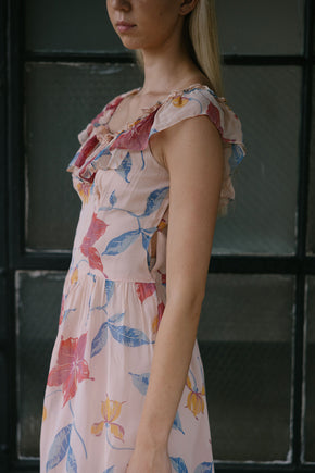1940s hibsicus print chiffon ruffled gown