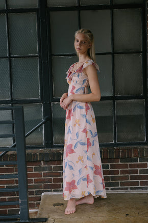1940s hibsicus print chiffon ruffled gown