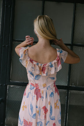 1940s hibsicus print chiffon ruffled gown
