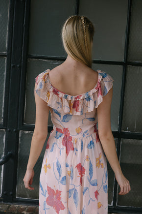 1940s hibsicus print chiffon ruffled gown