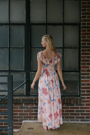 1940s hibsicus print chiffon ruffled gown