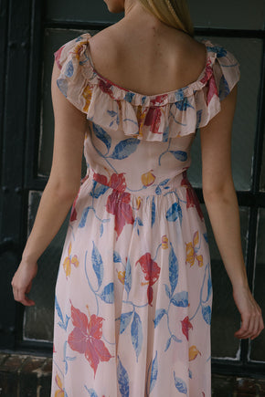 1940s hibsicus print chiffon ruffled gown