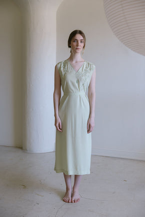 1920s French green silk monogrammed floral dress