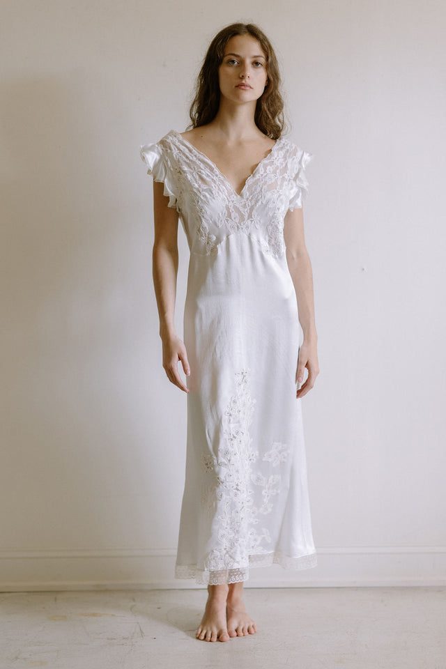 1930s French white silk lace nightgown